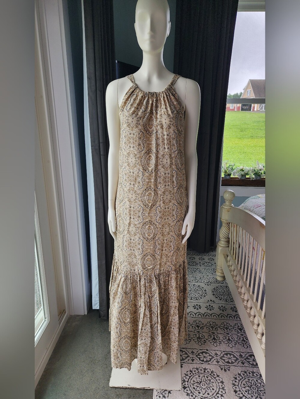 Banana Republic Fino Ramie Oat Milk Paisley Halter Maxi Dress Sz S